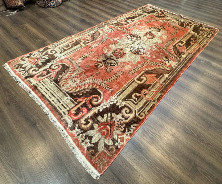 Khotan Rug 5x9, Terracotta and Brown, Floral, Chinese Wool Carpet, Antique Rug