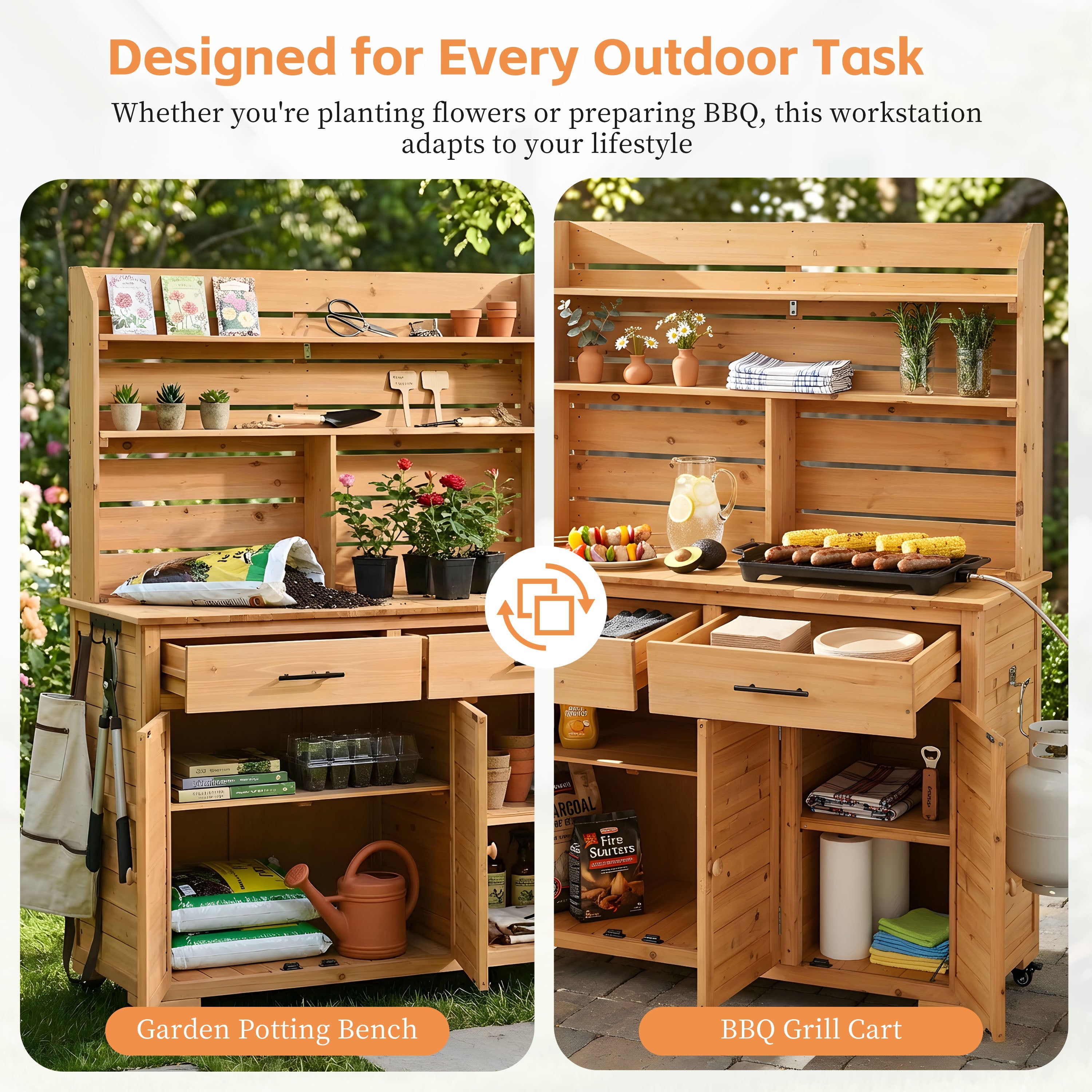 TOPMAX 65''H Large Garden Potting Bench with Lockable Wheel