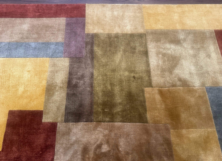 Modern Tibetan Wool Rug 8x10, Multicolor, Thick Pile, Contemporary, Nepali, Handmade