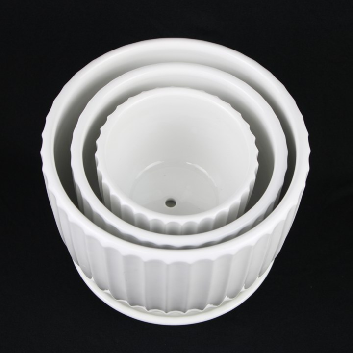 3-Piece White Ceramic Planter Pot Set with Vertical Fluted Design &amp; Matching Saucers