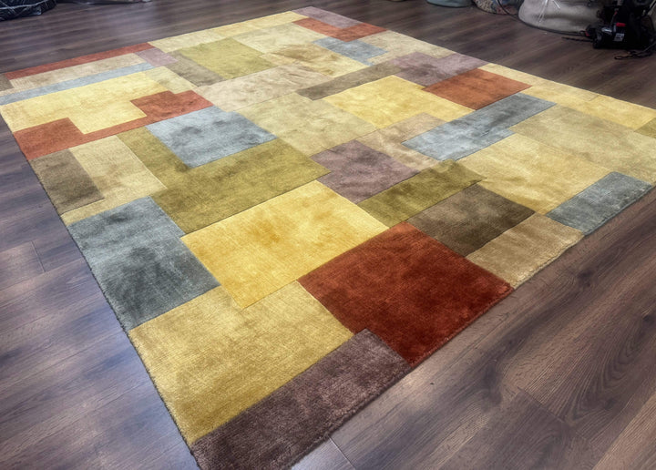 Modern Tibetan Wool Rug 8x10, Multicolor, Thick Pile, Contemporary, Nepali, Handmade