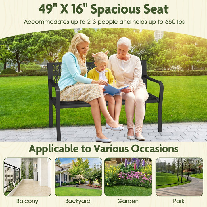 50 Inch Garden Bench with Patterned Backrest and Curved Armrests for 2-3 Person-Black