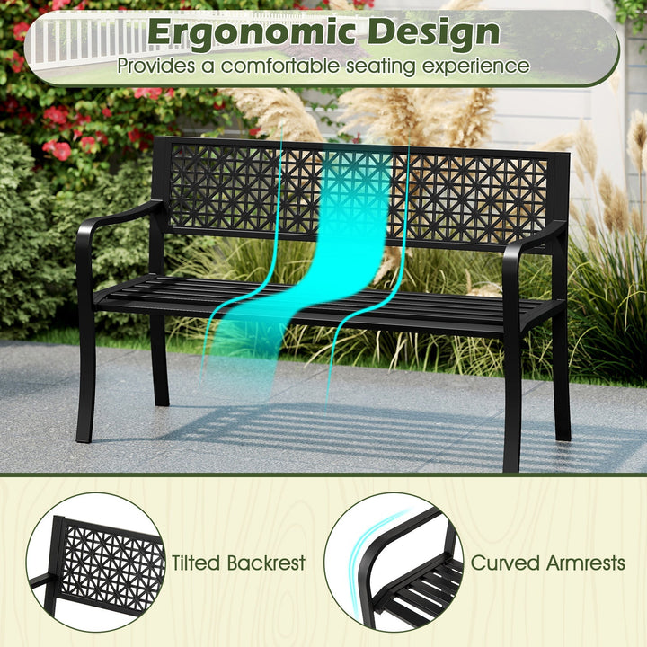 50 Inch Garden Bench with Patterned Backrest and Curved Armrests for 2-3 Person-Black