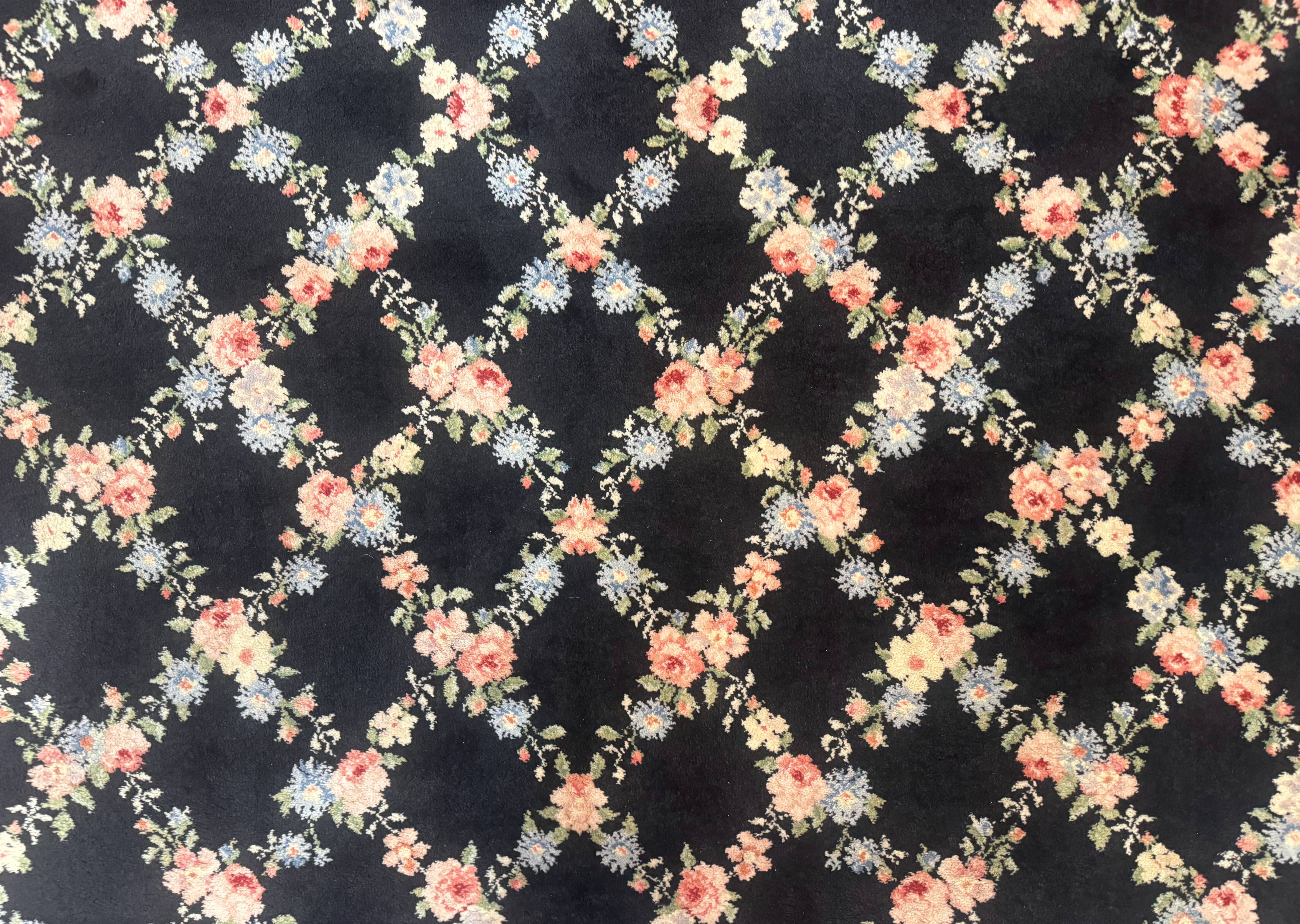 8.8 x 12 Karastan Garden of Eden Rug, Ebony Trellis #509/1270, Black, Floral, Wool Pile, Vintage, Discontinued