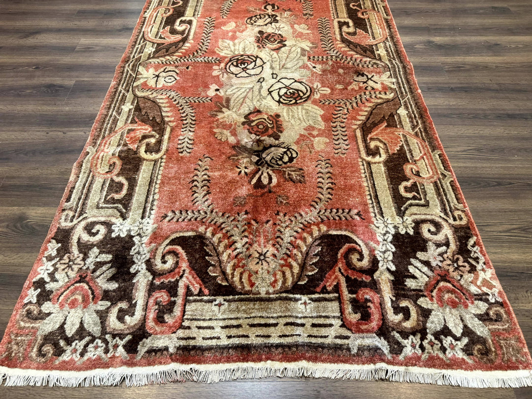 Khotan Rug 5x9, Terracotta and Brown, Floral, Chinese Wool Carpet, Antique Rug