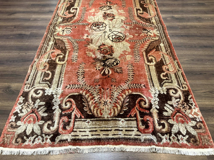 Khotan Rug 5x9, Terracotta and Brown, Floral, Chinese Wool Carpet, Antique Rug