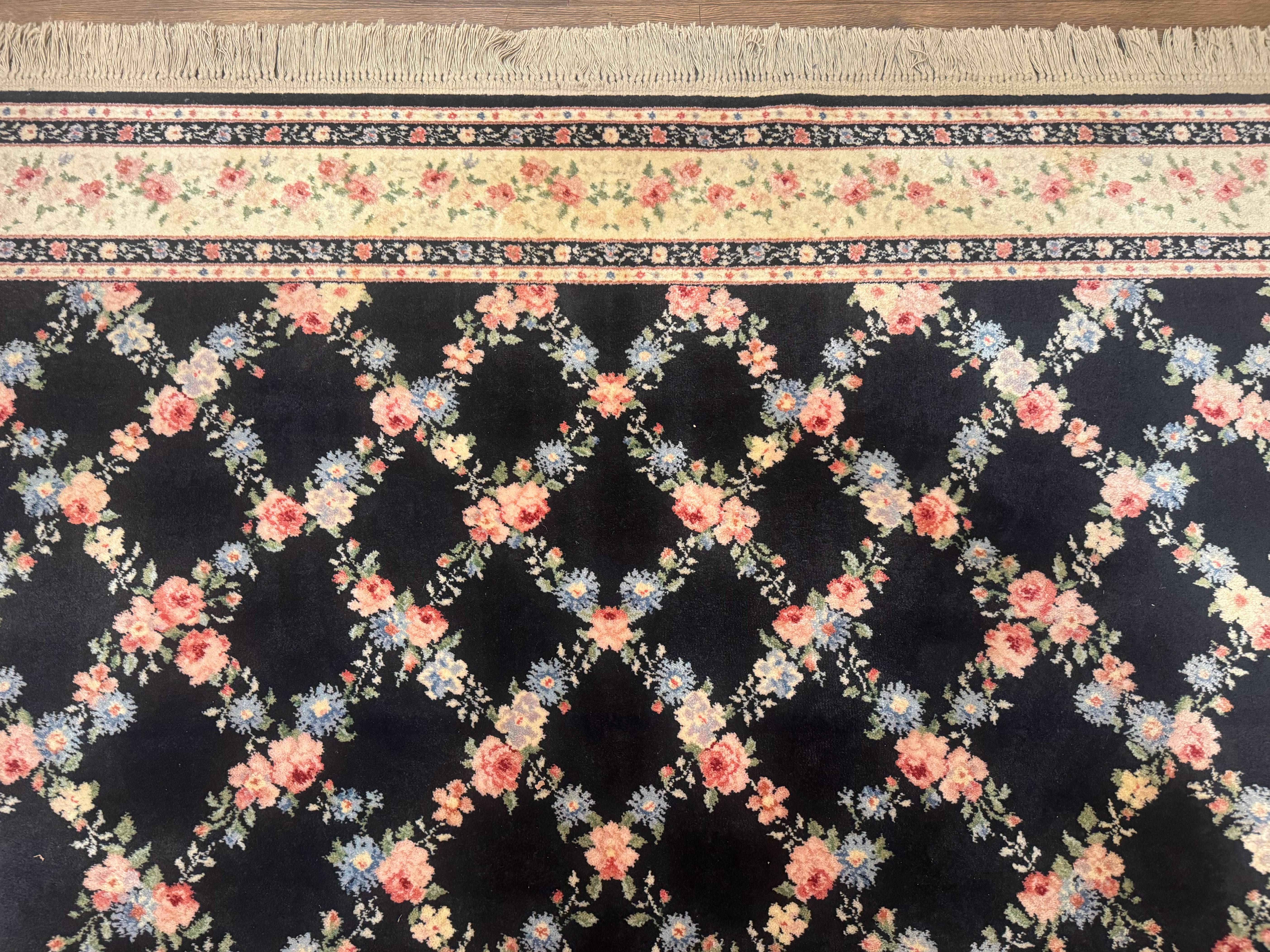 8.8 x 12 Karastan Garden of Eden Rug, Ebony Trellis #509/1270, Black, Floral, Wool Pile, Vintage, Discontinued
