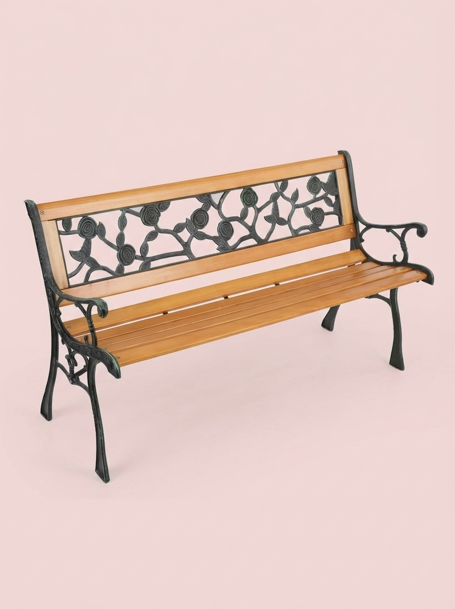 Cast Iron &amp; Wood Outdoor Garden Bench with Ornate Backrest