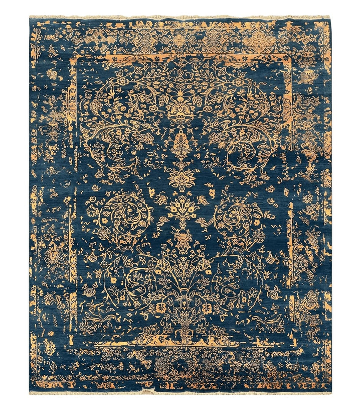 Area Rug 8x10 High Quality Handmade Oriental Carpet, Modern Contemporary Rug, Rug for Living Room, Wool Rug, Blue and Gold, Pakistani Rug