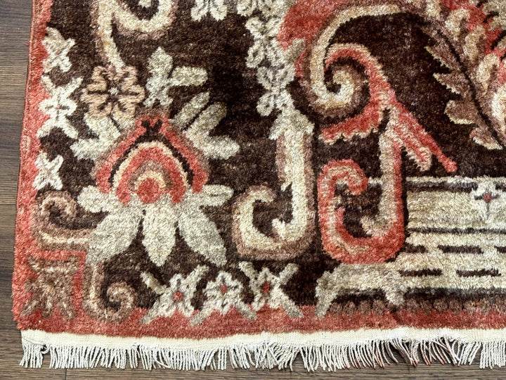 Khotan Rug 5x9, Terracotta and Brown, Floral, Chinese Wool Carpet, Antique Rug