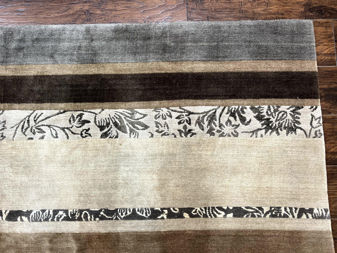 Modern Tibetan Nepali Rug 8x12, Stripe Pattern, Wool with Silk Highlights, Handmade, Beige Tan Brown