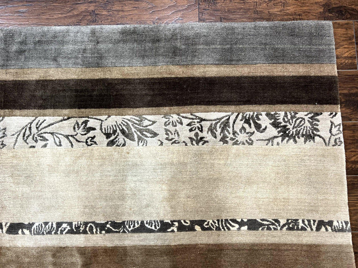 Modern Tibetan Nepali Rug 8x12, Stripe Pattern, Wool with Silk Highlights, Handmade, Beige Tan Brown