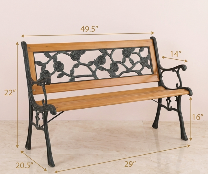 Cast Iron &amp; Wood Outdoor Garden Bench with Ornate Backrest