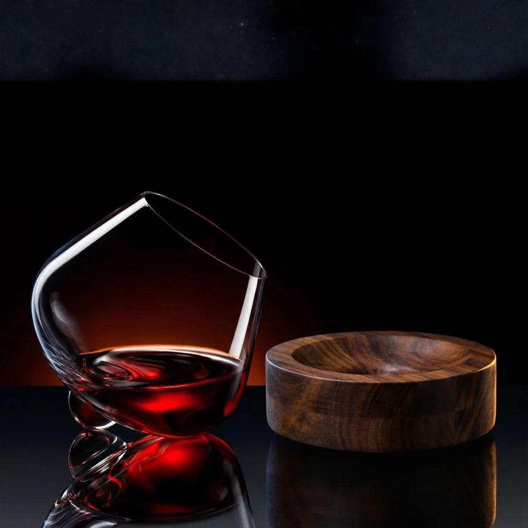 Kami Rotating Crystal Wine Glass &amp; Wooden Coaster