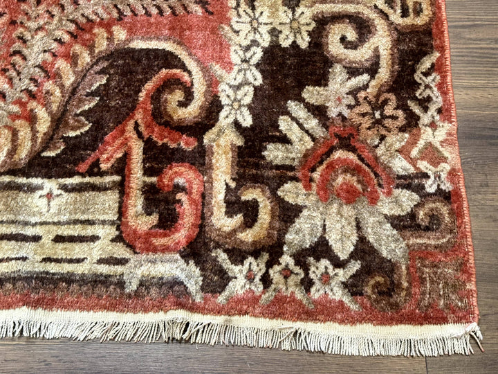 Khotan Rug 5x9, Terracotta and Brown, Floral, Chinese Wool Carpet, Antique Rug