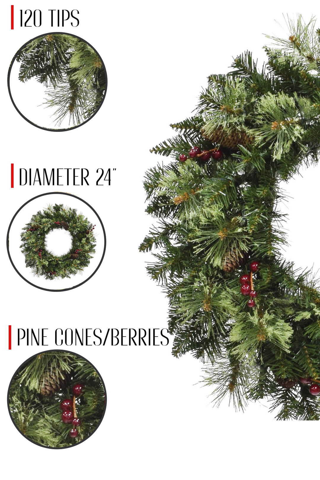 24" Unlit Jasper Mixed Pine Wreath with Pine Cones &amp; Red Berry Clusters