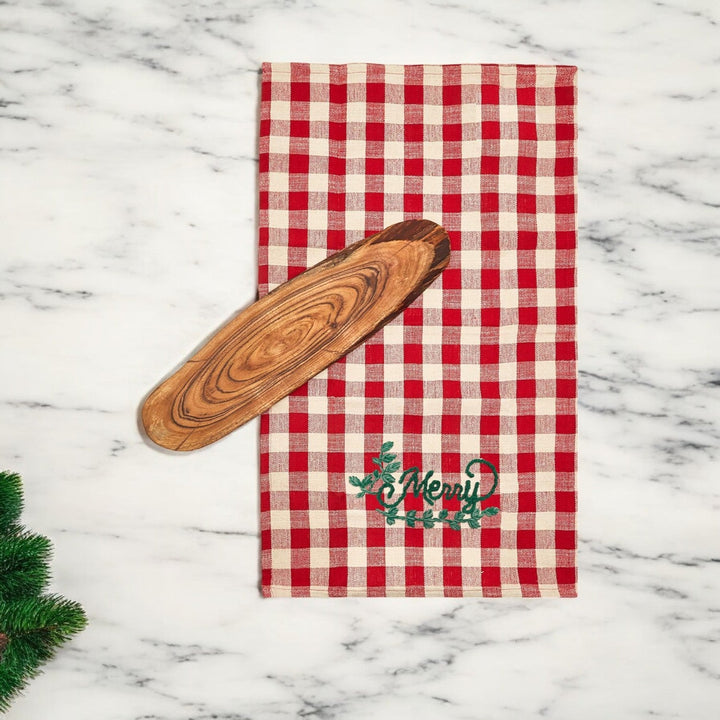 Holiday Acacia Charcuterie Board Cotton Tartan Towel Gift Set Great Holiday Gift