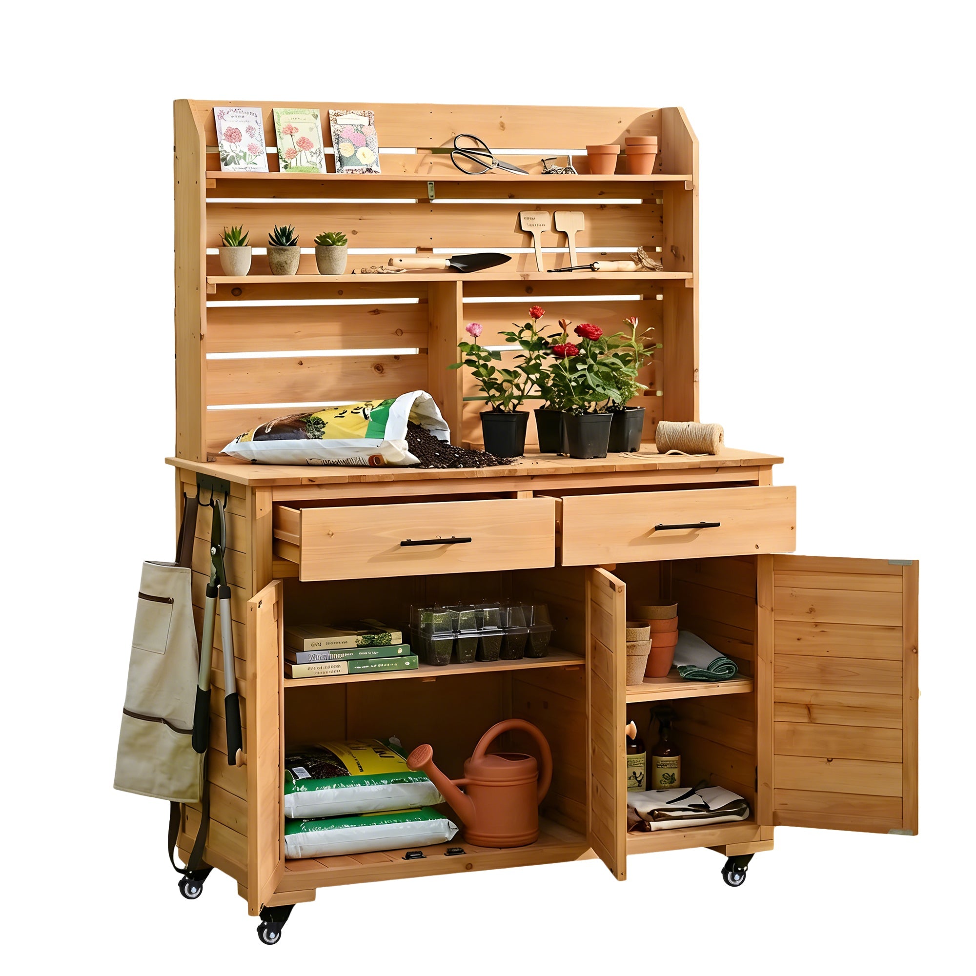 TOPMAX 65''H Large Garden Potting Bench with Lockable Wheel