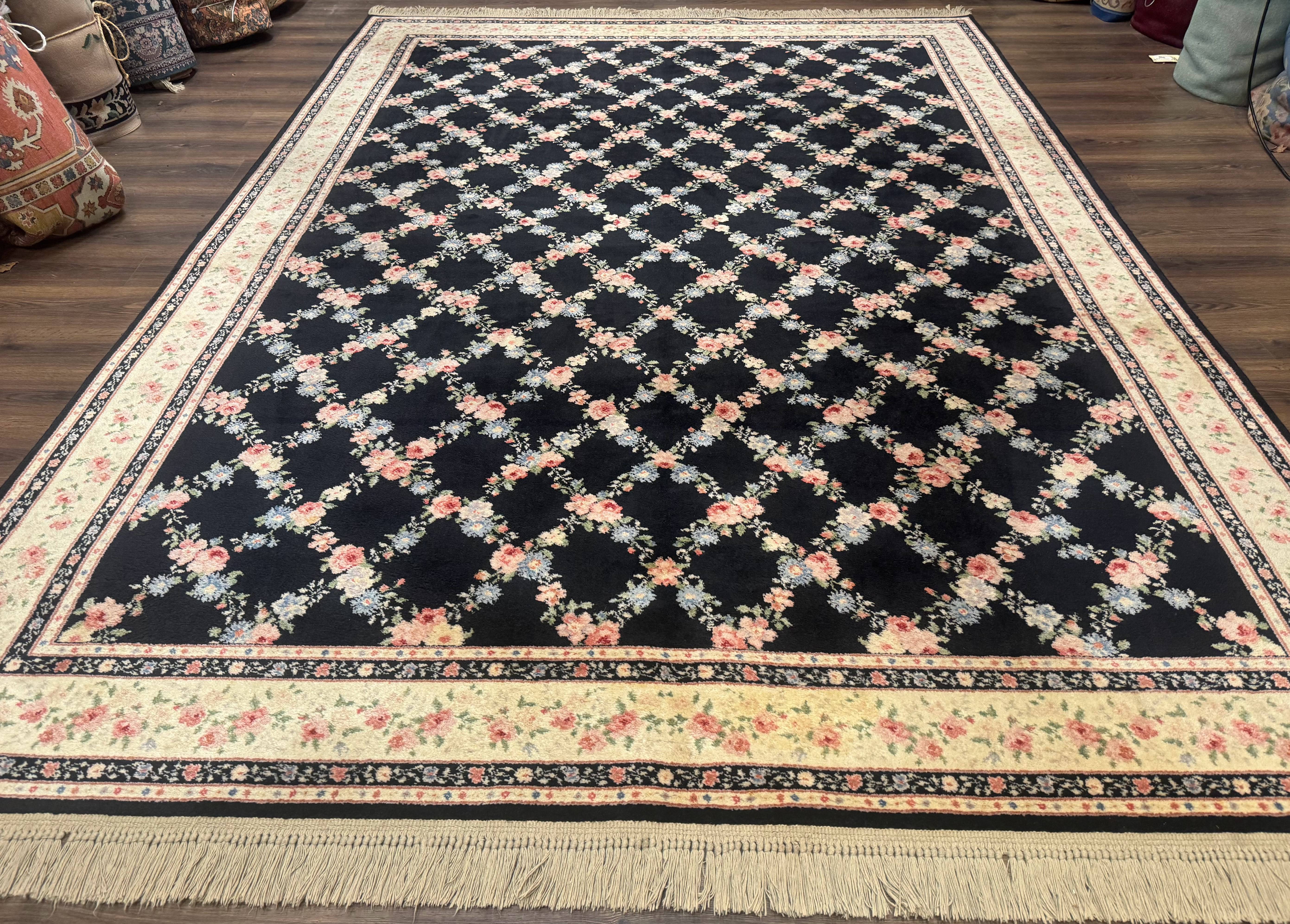 8.8 x 12 Karastan Garden of Eden Rug, Ebony Trellis #509/1270, Black, Floral, Wool Pile, Vintage, Discontinued