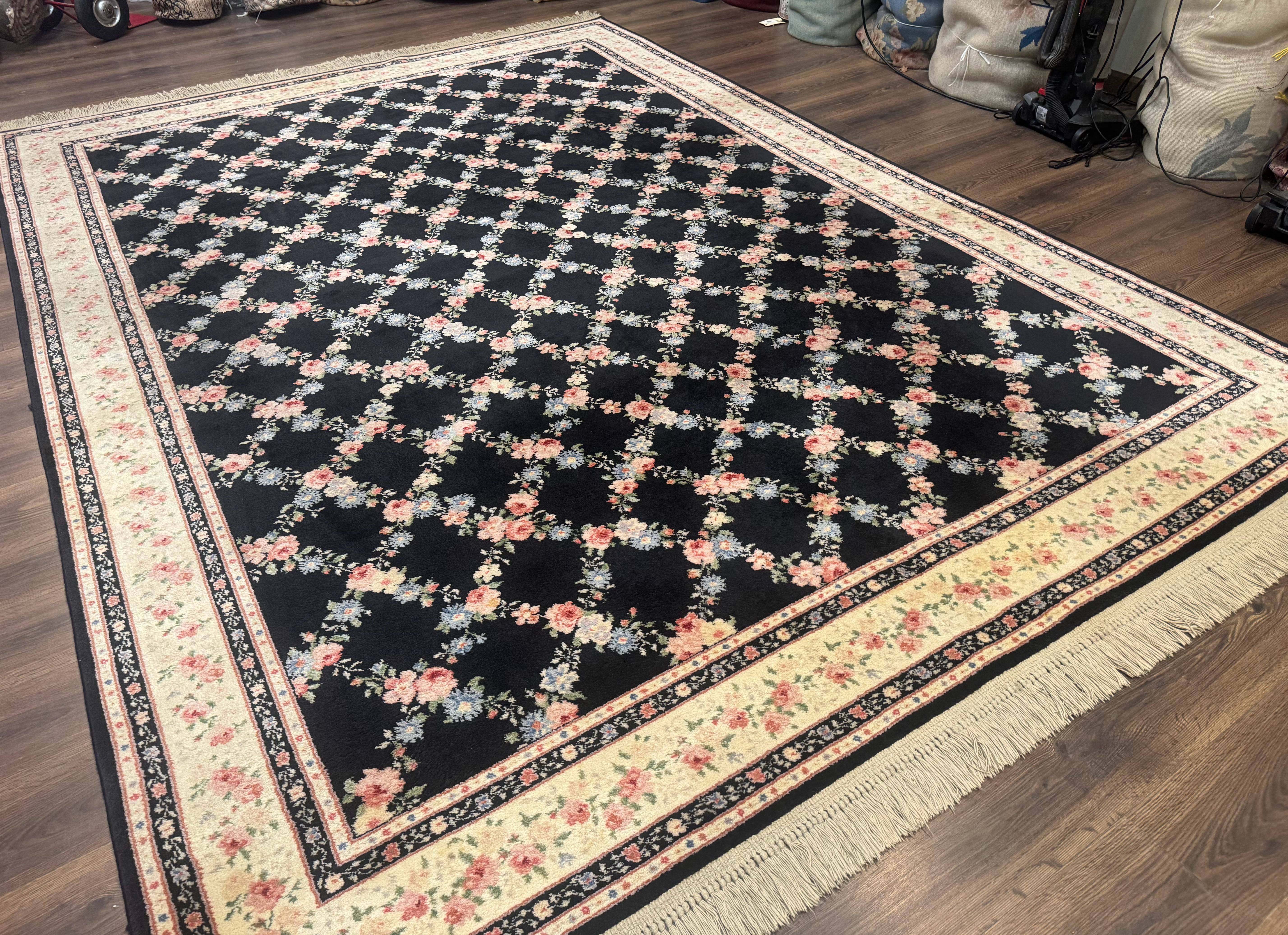 8.8 x 12 Karastan Garden of Eden Rug, Ebony Trellis #509/1270, Black, Floral, Wool Pile, Vintage, Discontinued