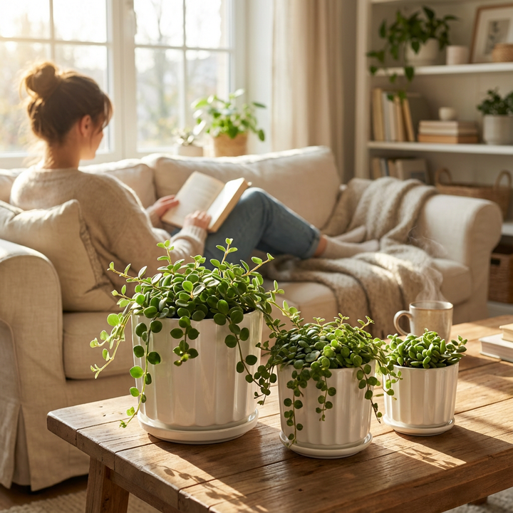 3-Piece White Ceramic Planter Pot Set with Fluted Design &amp; Saucers
