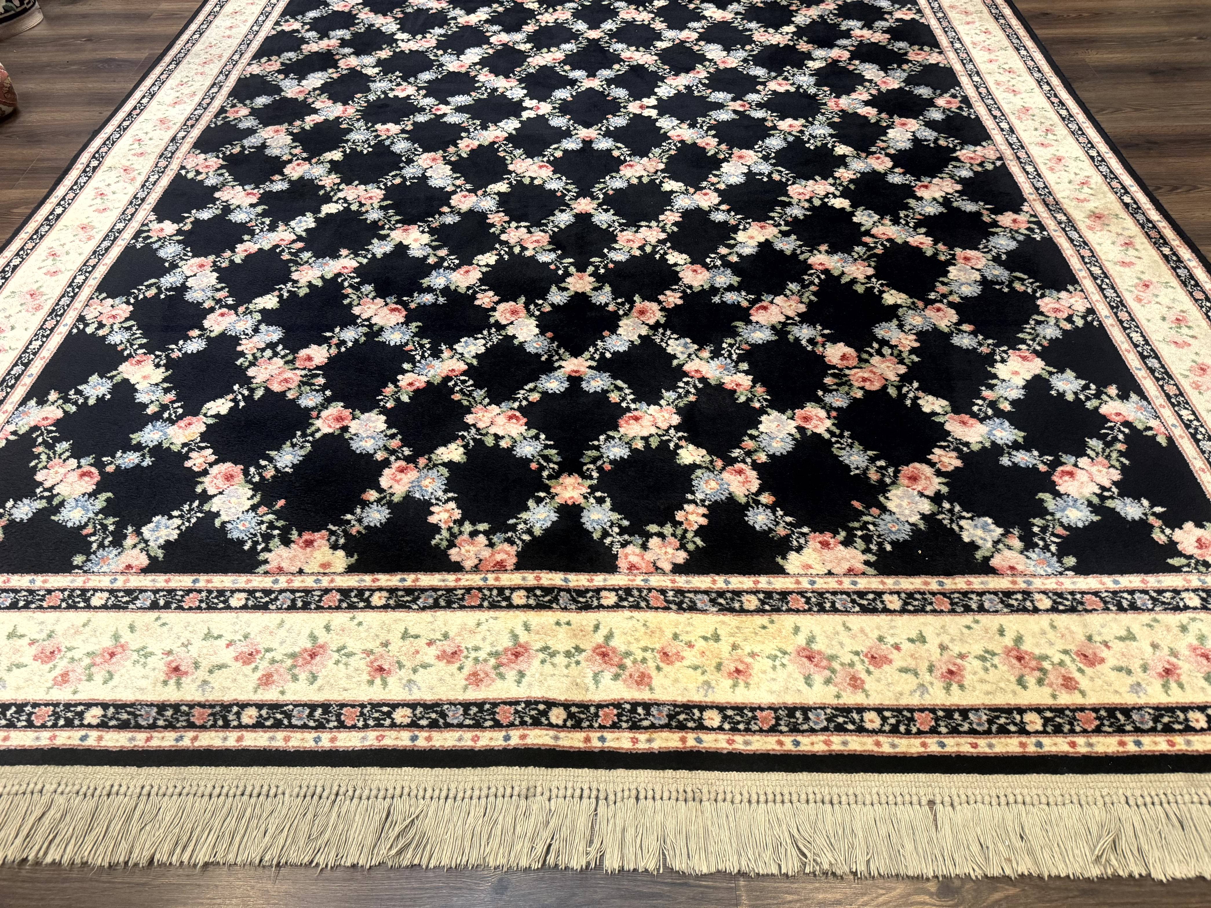 8.8 x 12 Karastan Garden of Eden Rug, Ebony Trellis #509/1270, Black, Floral, Wool Pile, Vintage, Discontinued