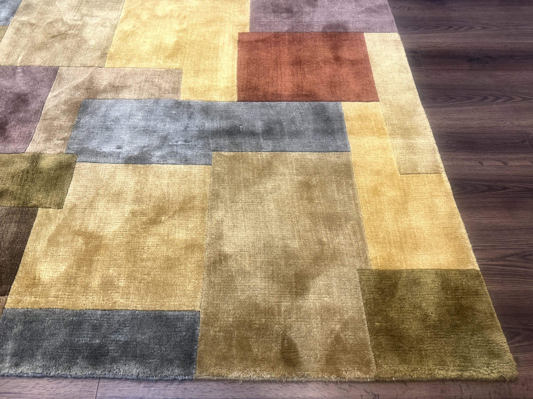 Modern Tibetan Wool Rug 8x10, Multicolor, Thick Pile, Contemporary, Nepali, Handmade