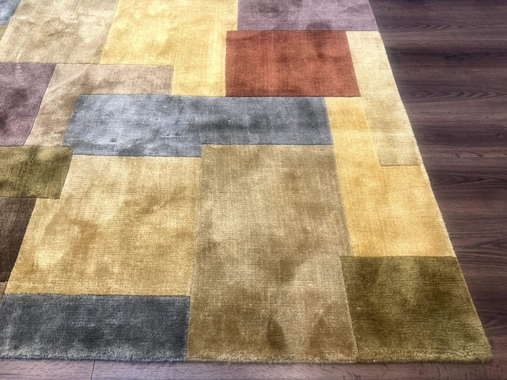 Modern Tibetan Wool Rug 8x10, Multicolor, Thick Pile, Contemporary, Nepali, Handmade