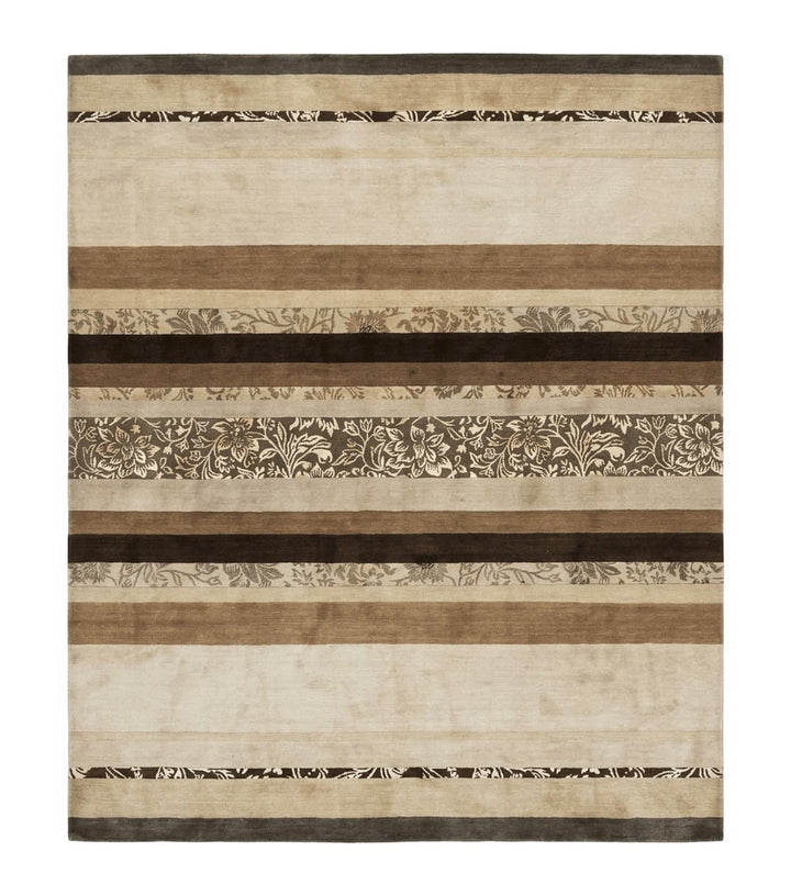 Modern Tibetan Nepali Rug 8x12, Stripe Pattern, Wool with Silk Highlights, Handmade, Beige Tan Brown