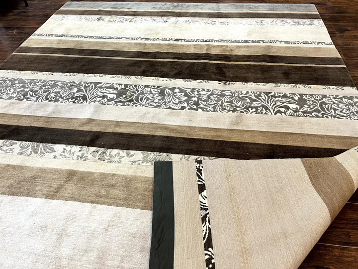 Modern Tibetan Nepali Rug 8x12, Stripe Pattern, Wool with Silk Highlights, Handmade, Beige Tan Brown