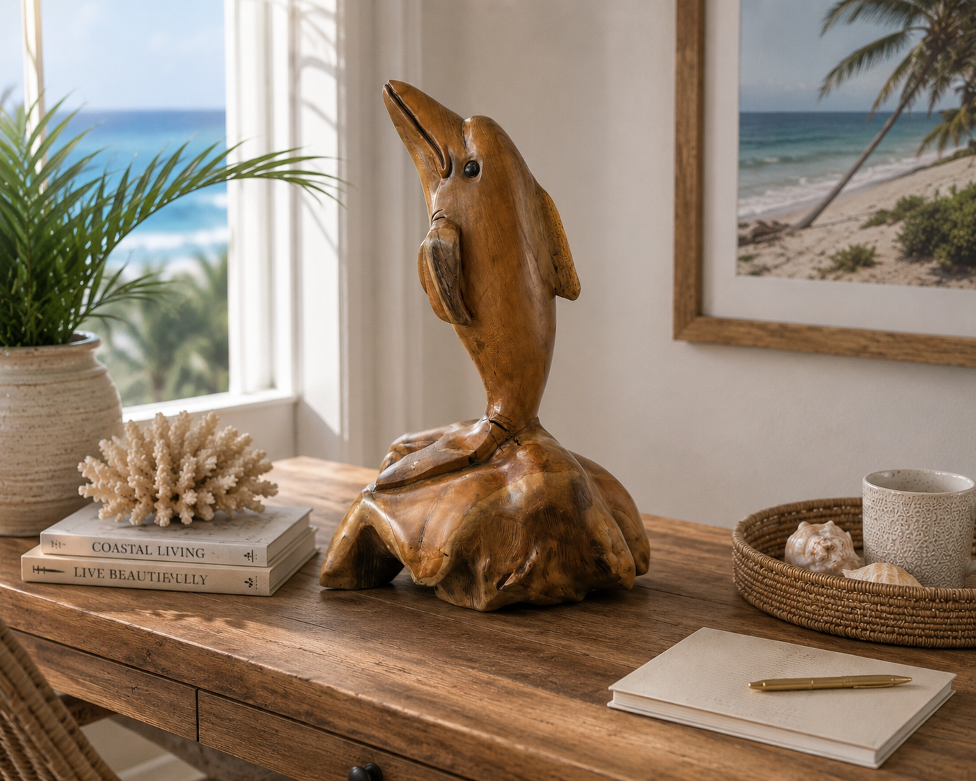Hand Carved Teak Wood Dolphin Sculpture | Balinese Coastal Decor