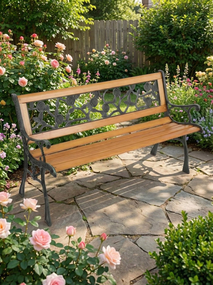 Cast Iron &amp; Wood Outdoor Garden Bench with Ornate Backrest