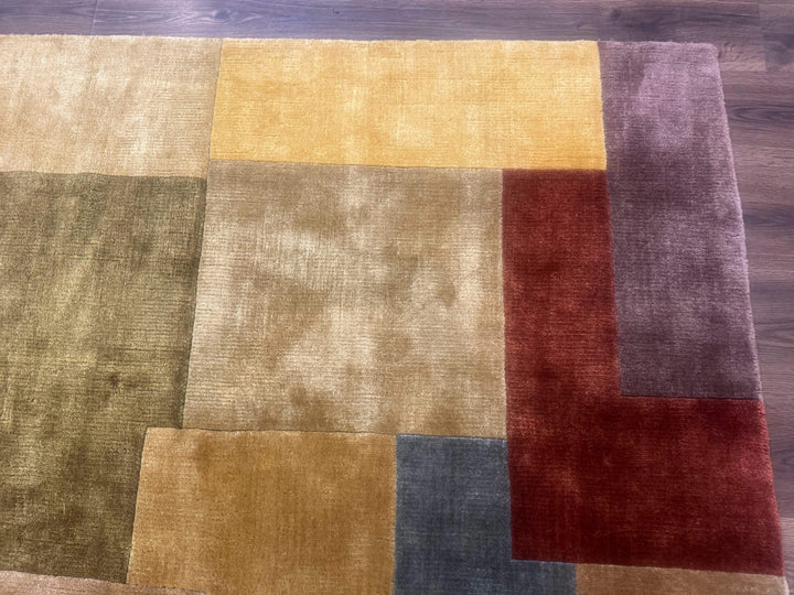 Modern Tibetan Wool Rug 8x10, Multicolor, Thick Pile, Contemporary, Nepali, Handmade