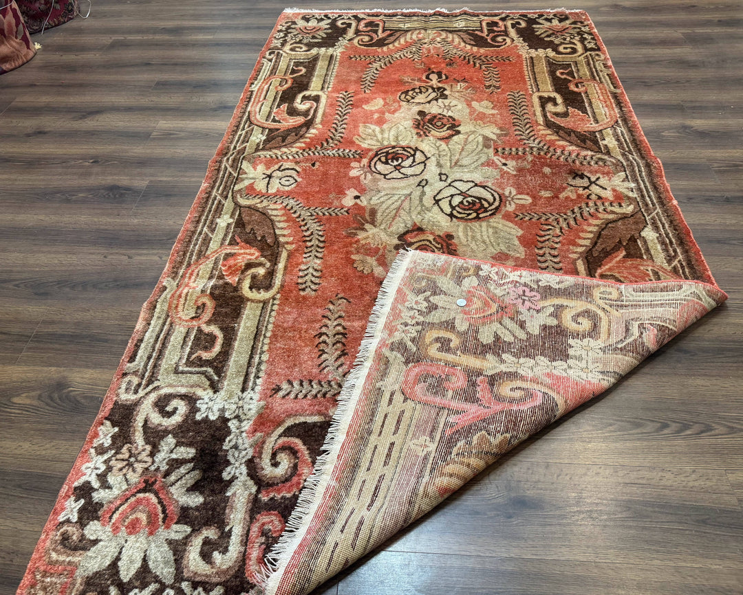 Khotan Rug 5x9, Terracotta and Brown, Floral, Chinese Wool Carpet, Antique Rug