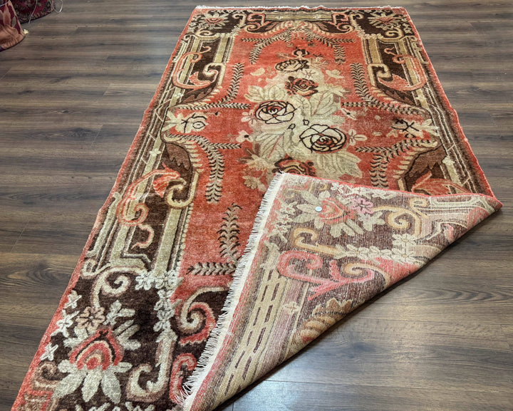 Khotan Rug 5x9, Terracotta and Brown, Floral, Chinese Wool Carpet, Antique Rug