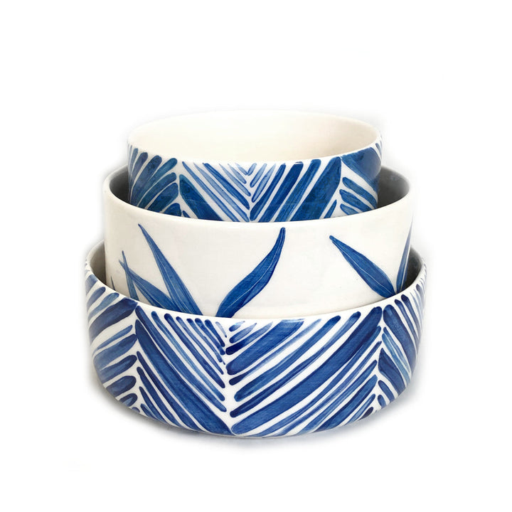 Wide Serving Bowl - Blue Palm Leaves