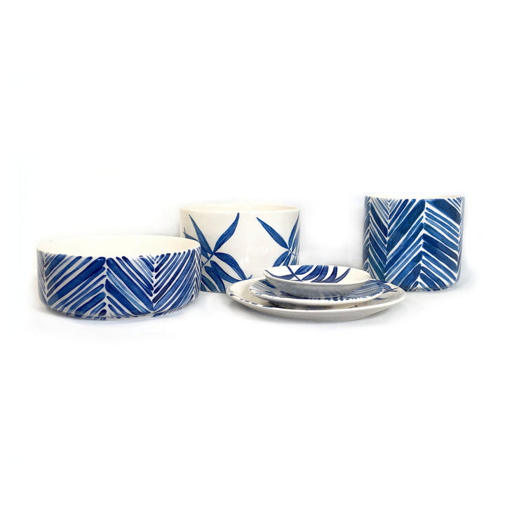 Wide Serving Bowl - Blue Palm Leaves