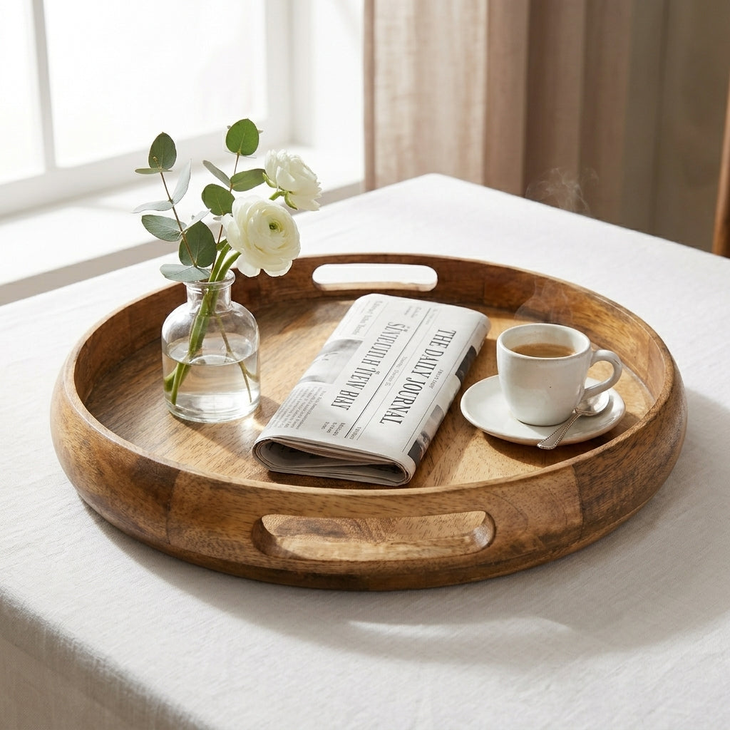 Round Mango Wood Serving Tray Natural