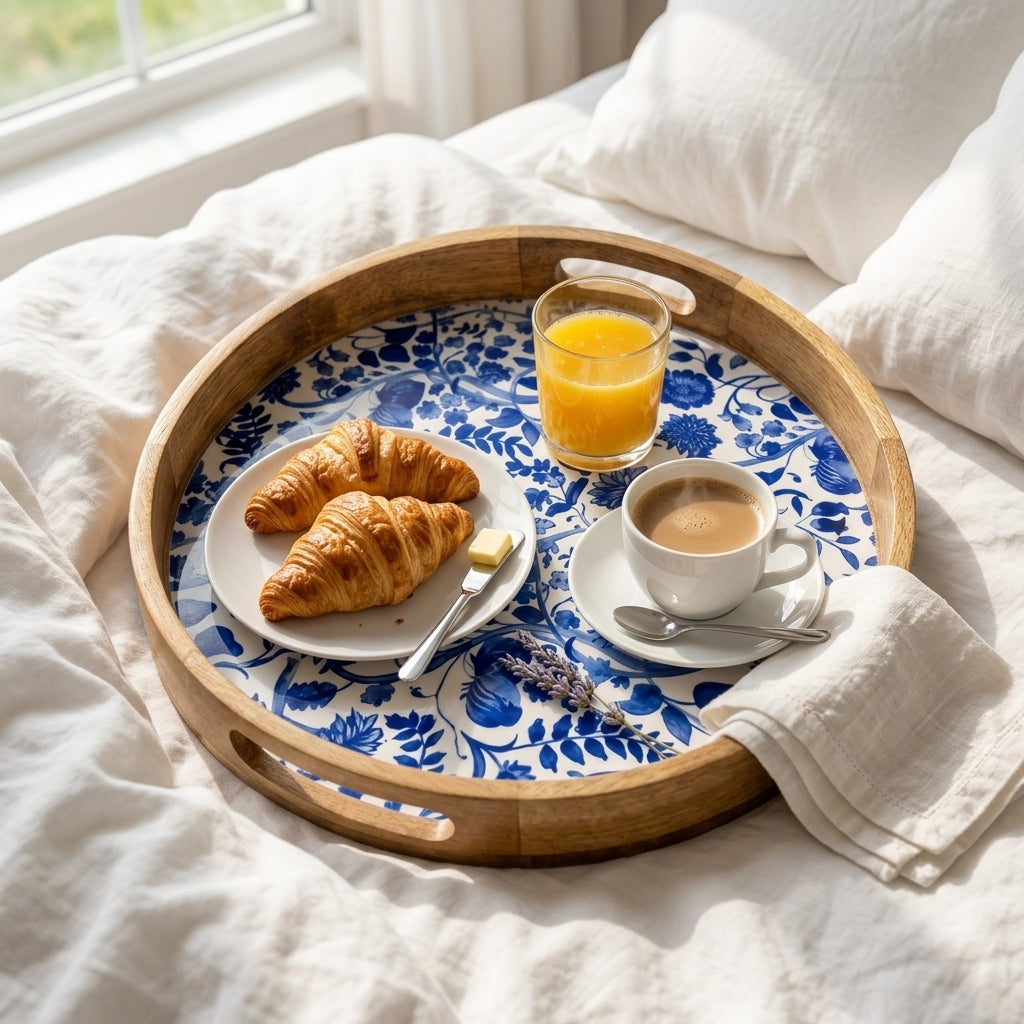 House of Avana Round Blue Mango Wood Serving Tray