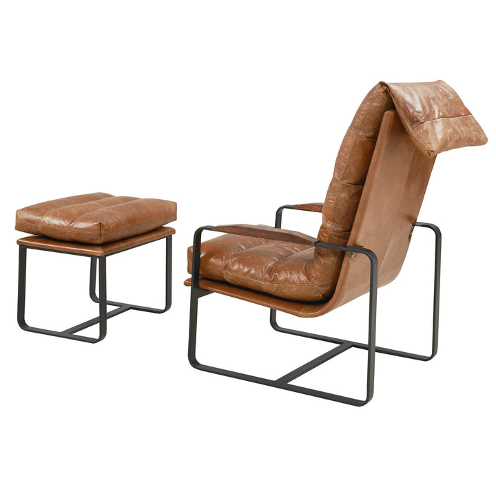 NEW! Prima Classe Rustic Modern Chair and Ottoman Set - Light Brown Leather