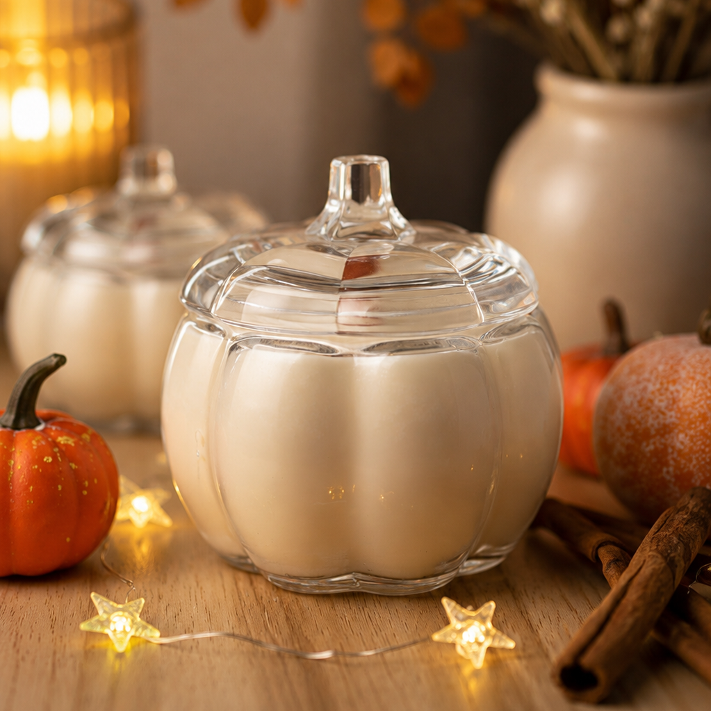 Pumpkin Glass Candle with Lid | Fall Home Decor | Autumn Candle Gift