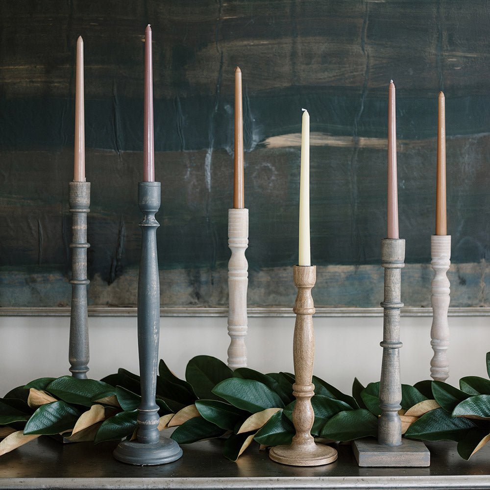 Tapered Candle Holder, Grey Wood Table Mantel Decor Home Accent