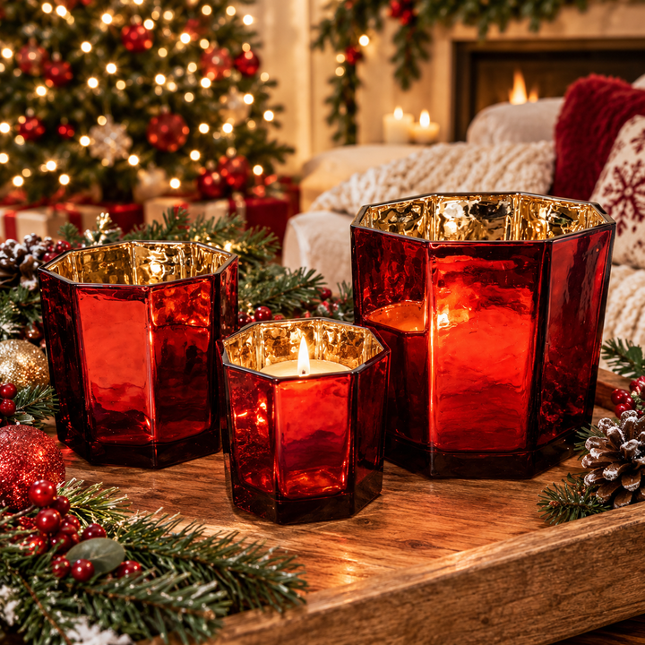 Red Gold Mercury Glass Candle Holder Vase Christmas Table Decor Fun Holiday Gift