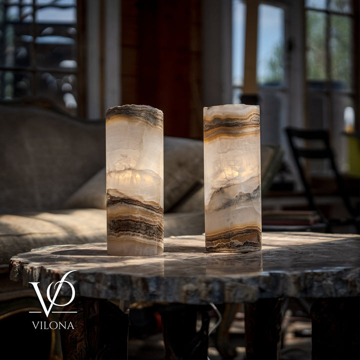 White Ice Onyx - 12" Tall, x 4.5" Diameter (Small Live Edge Table Lamp Pair 