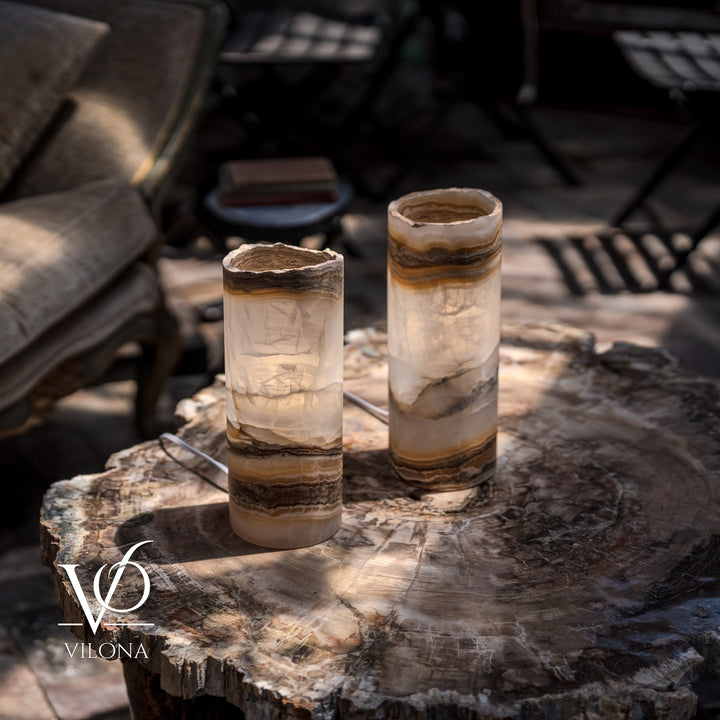 White Ice Onyx - 12" Tall, x 4.5" Diameter (Small Live Edge Table Lamp Pair 