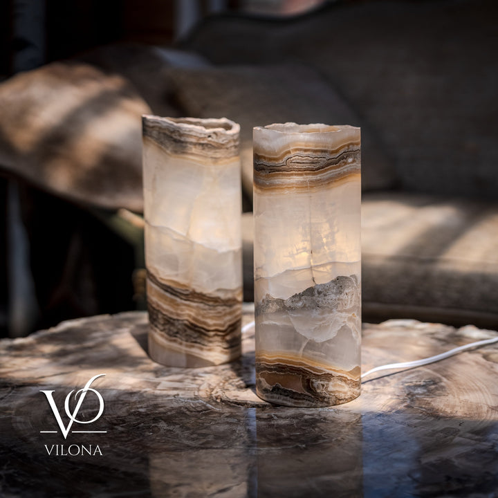 White Ice Onyx - 12" Tall, x 4.5" Diameter (Small Live Edge Table Lamp Pair 
