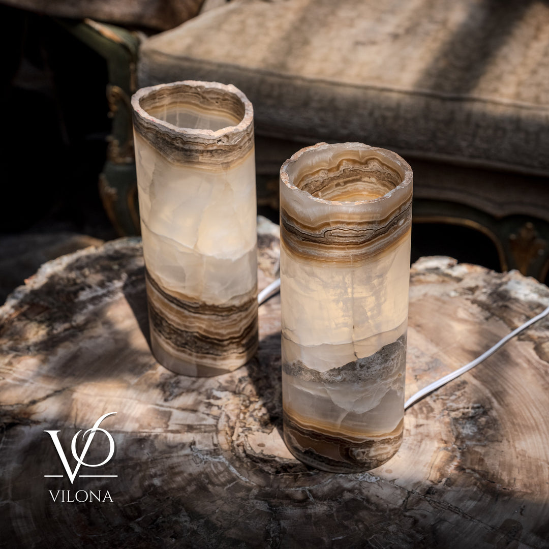 White Ice Onyx - 12" Tall, x 4.5" Diameter (Small Live Edge Table Lamp Pair 