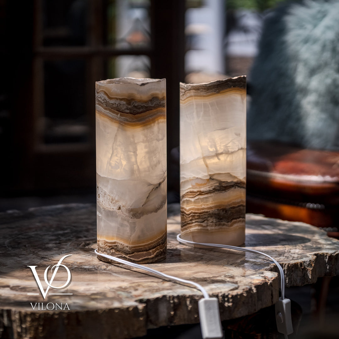 White Ice Onyx - 12" Tall, x 4.5" Diameter (Small Live Edge Table Lamp Pair 