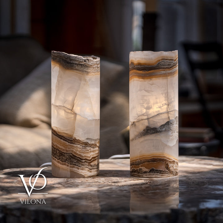 White Ice Onyx - 12" Tall, x 4.5" Diameter (Small Live Edge Table Lamp Pair 