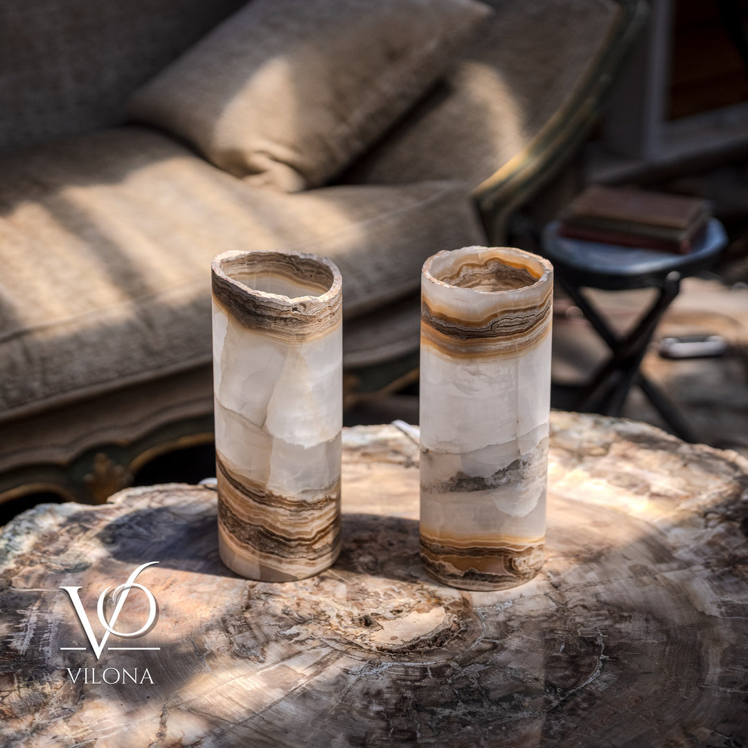 White Ice Onyx - 12" Tall, x 4.5" Diameter (Small Live Edge Table Lamp Pair 
